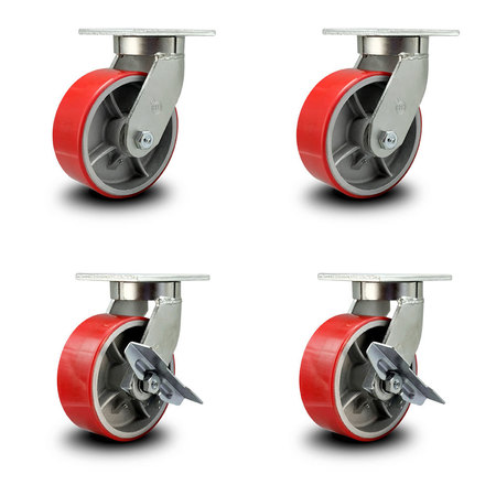 SERVICE CASTER 8 Inch Heavy Duty Red Poly on Cast Iron Wheel Swivel Caster Set with 2 Brakes SCC-KP92S830-PUR-RS-2-SLB-2
